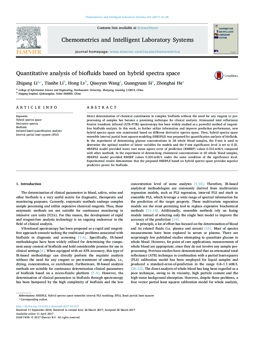 Quantitative analysis of biofluids based on hybrid spectra space