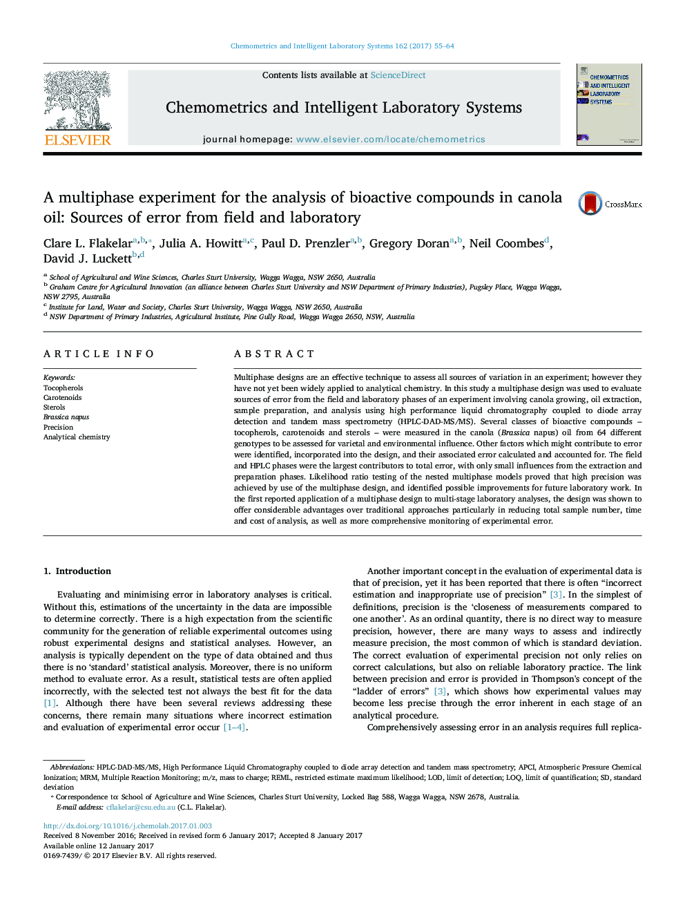 A multiphase experiment for the analysis of bioactive compounds in canola oil: Sources of error from field and laboratory