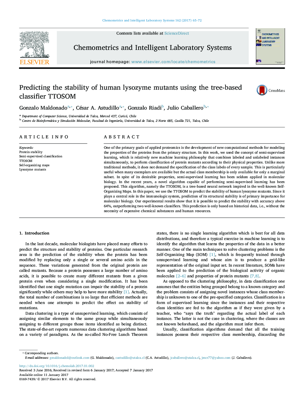 Predicting the stability of human lysozyme mutants using the tree-based classifier TTOSOM