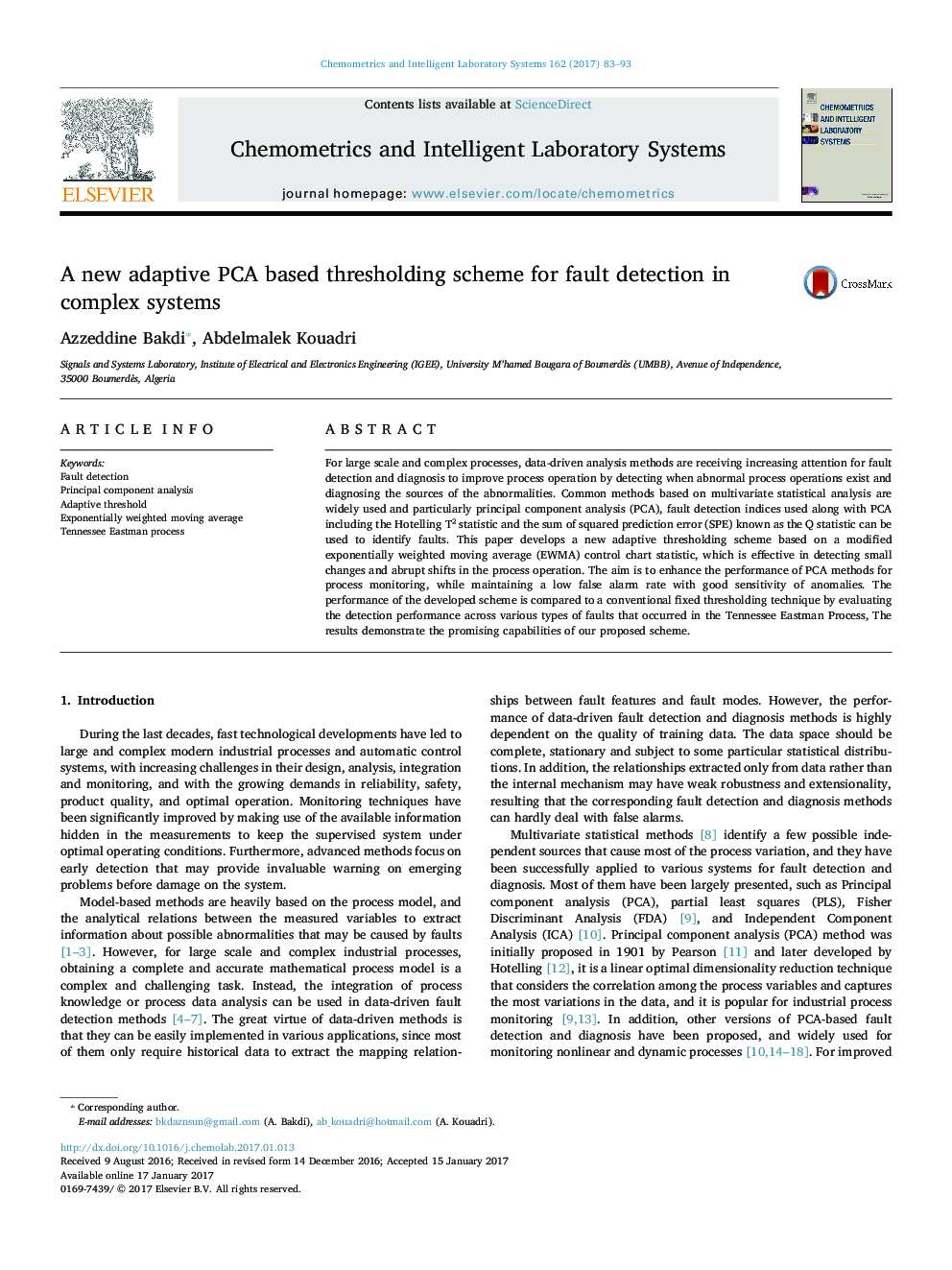 A new adaptive PCA based thresholding scheme for fault detection in complex systems