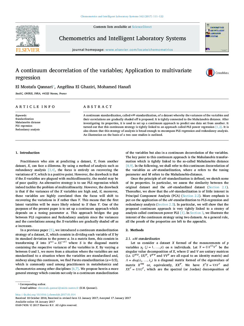 A continuum decorrelation of the variables; Application to multivariate regression