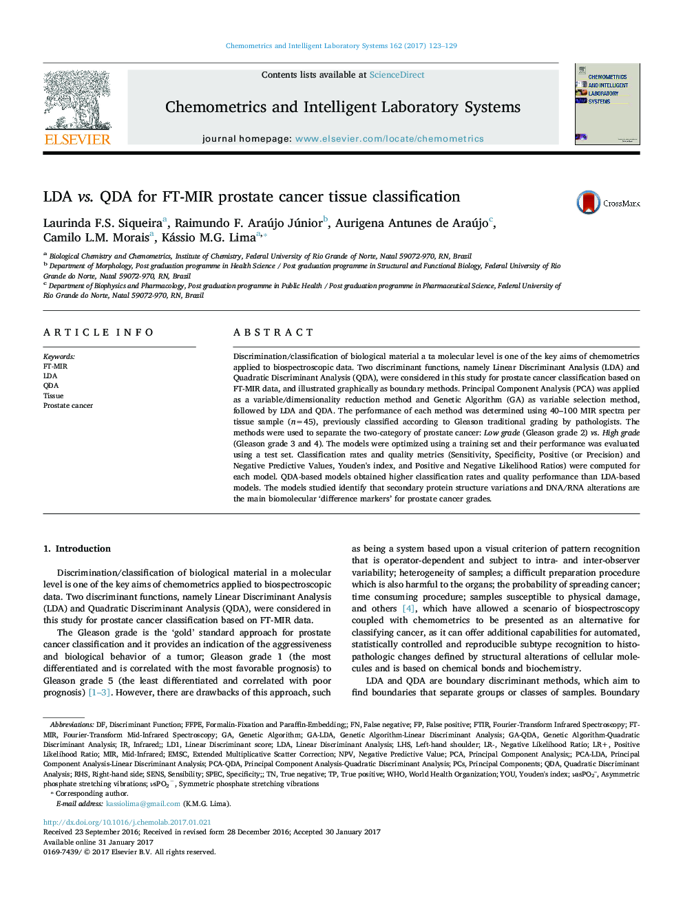 LDA vs. QDA for FT-MIR prostate cancer tissue classification