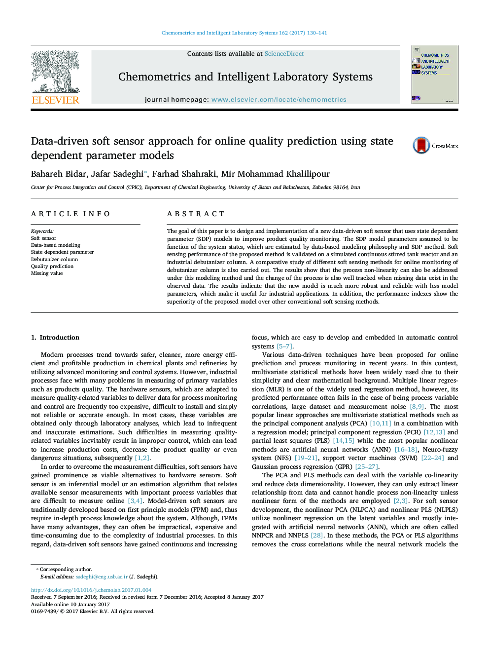 Data-driven soft sensor approach for online quality prediction using state dependent parameter models