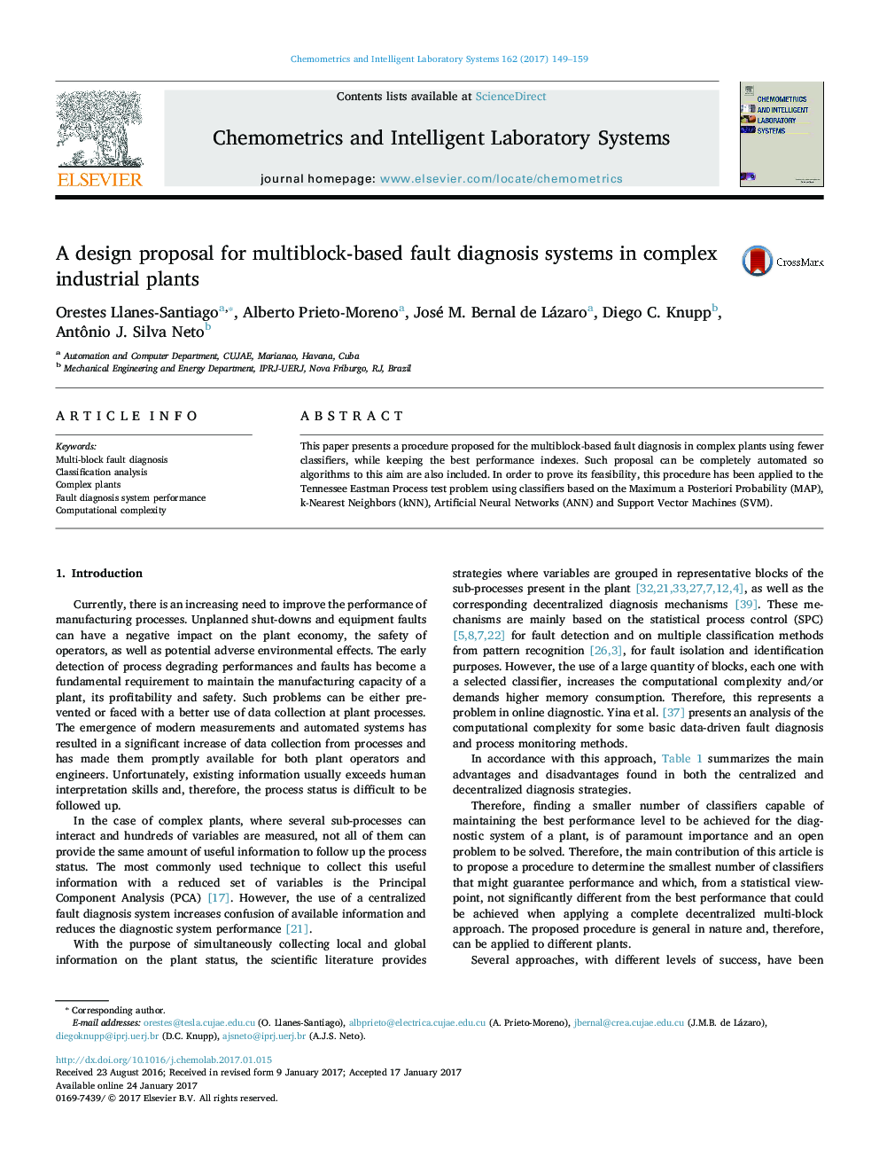 A design proposal for multiblock-based fault diagnosis systems in complex industrial plants