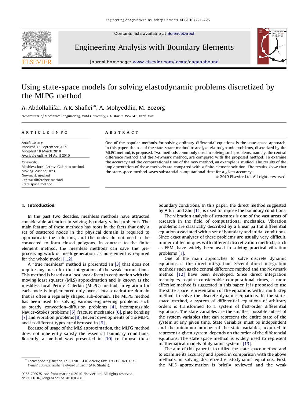 عکس صفحه اول مقاله: Using state-space models for solving elastodynamic problems discretized by the MLPG method Using state-space models for solving elastodynamic problems discretized by the MLPG method