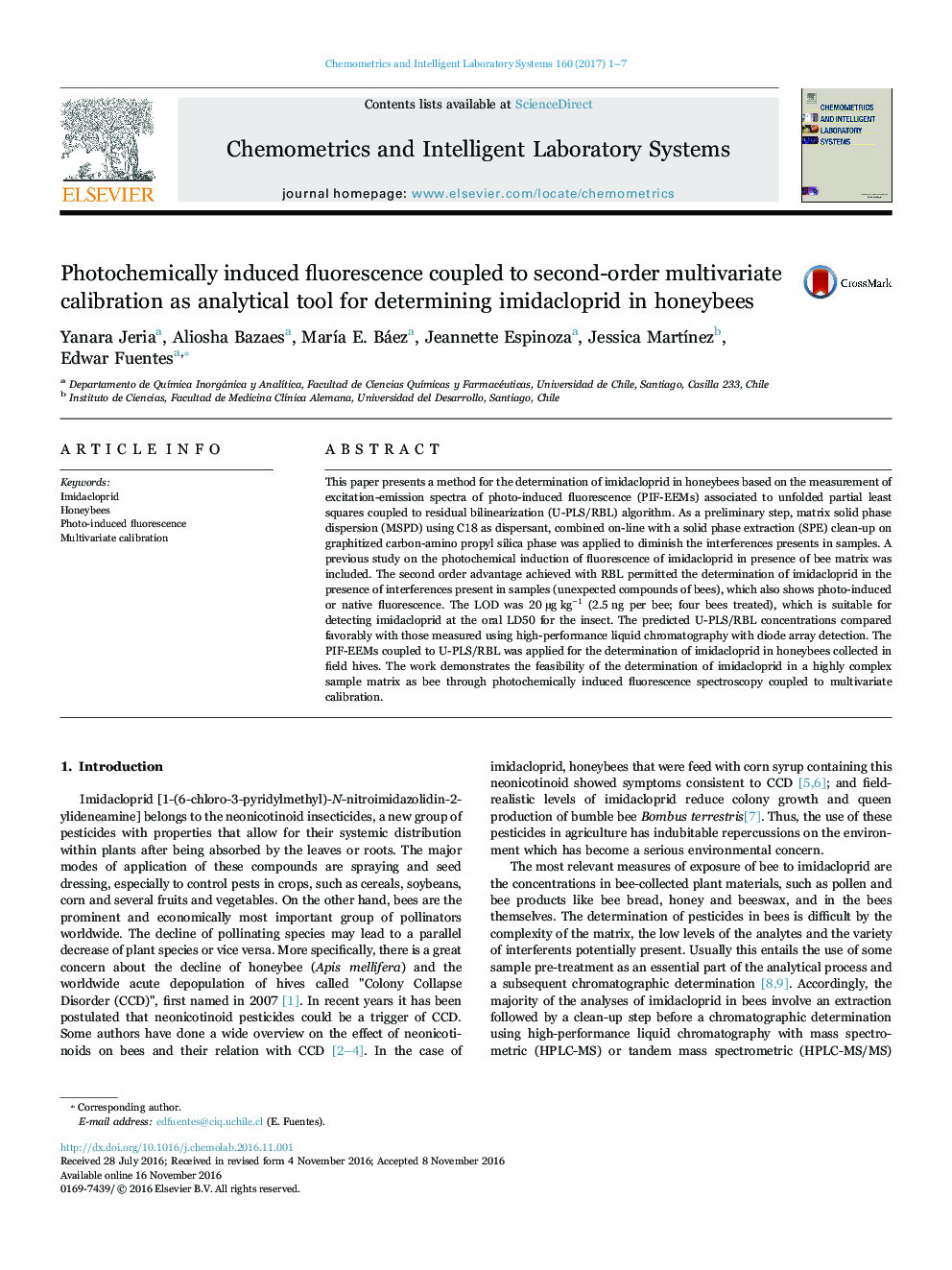 Photochemically induced fluorescence coupled to second-order multivariate calibration as analytical tool for determining imidacloprid in honeybees