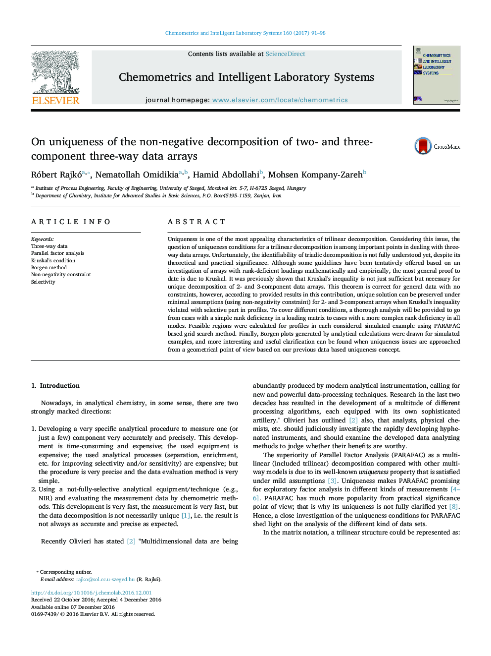 عکس صفحه اول مقاله: On uniqueness of the non-negative decomposition of two- and three-component three-way data arrays On uniqueness of the non-negative decomposition of two- and three-component three-way data arrays