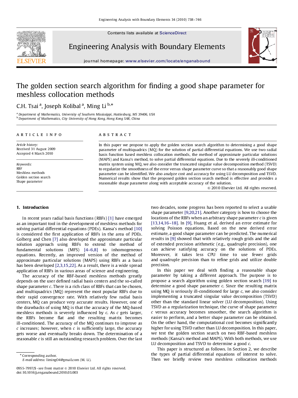 The golden section search algorithm for finding a good shape parameter for meshless collocation methods