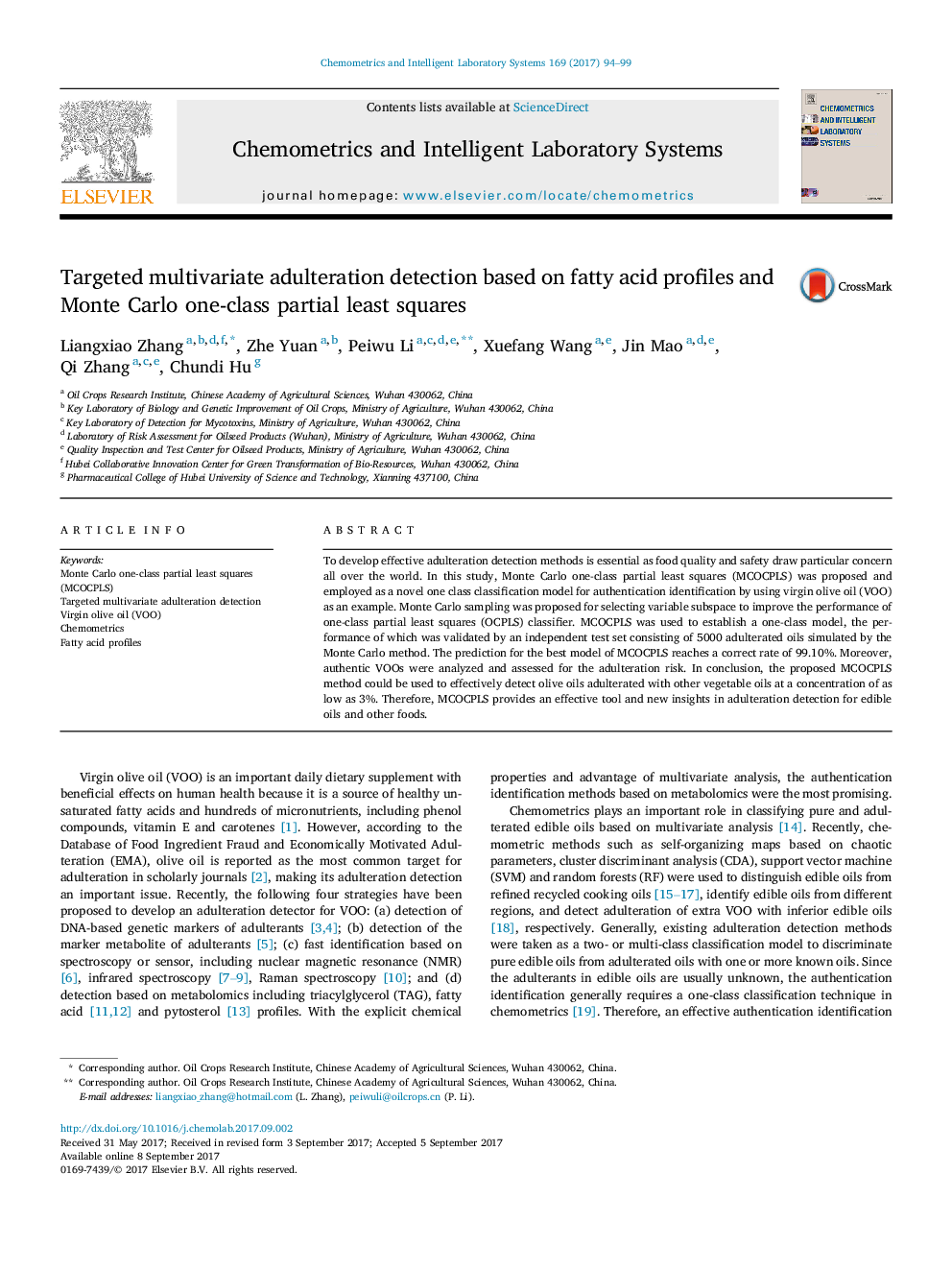 Targeted multivariate adulteration detection based on fatty acid profiles and Monte Carlo one-class partial least squares