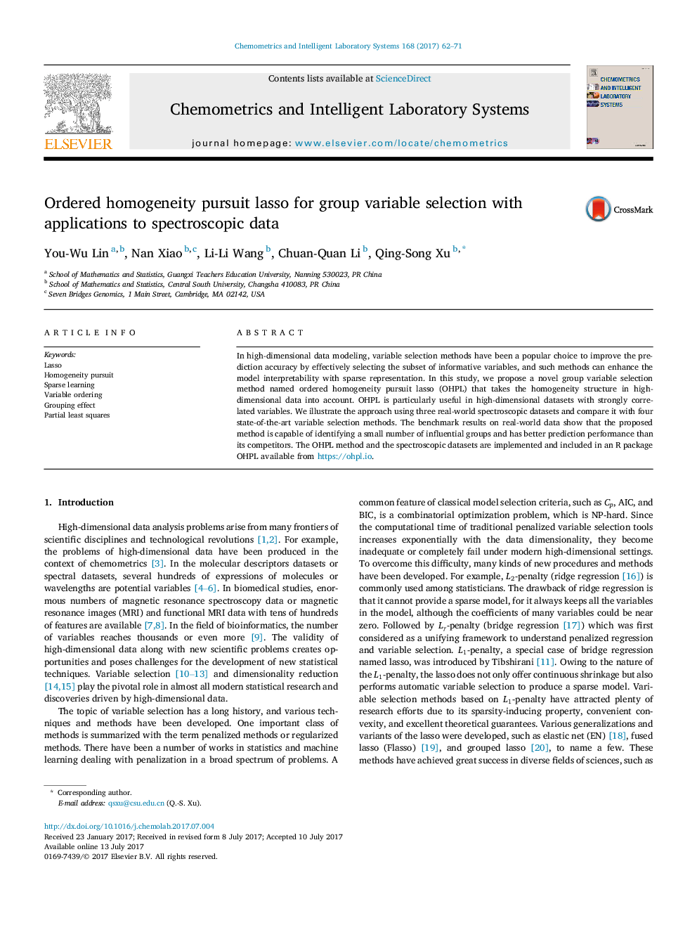 Ordered homogeneity pursuit lasso for group variable selection with applications to spectroscopic data