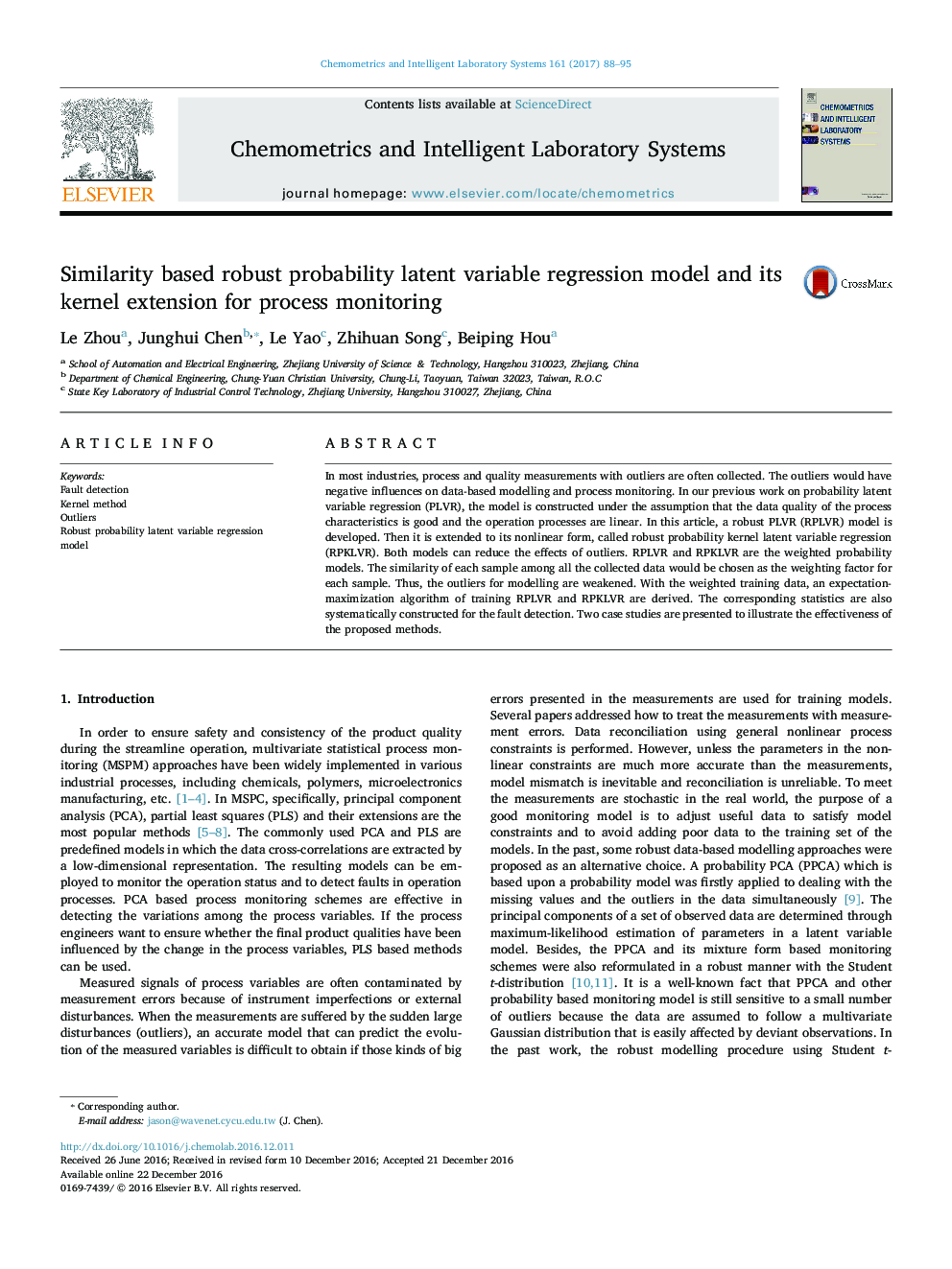 Similarity based robust probability latent variable regression model and its kernel extension for process monitoring