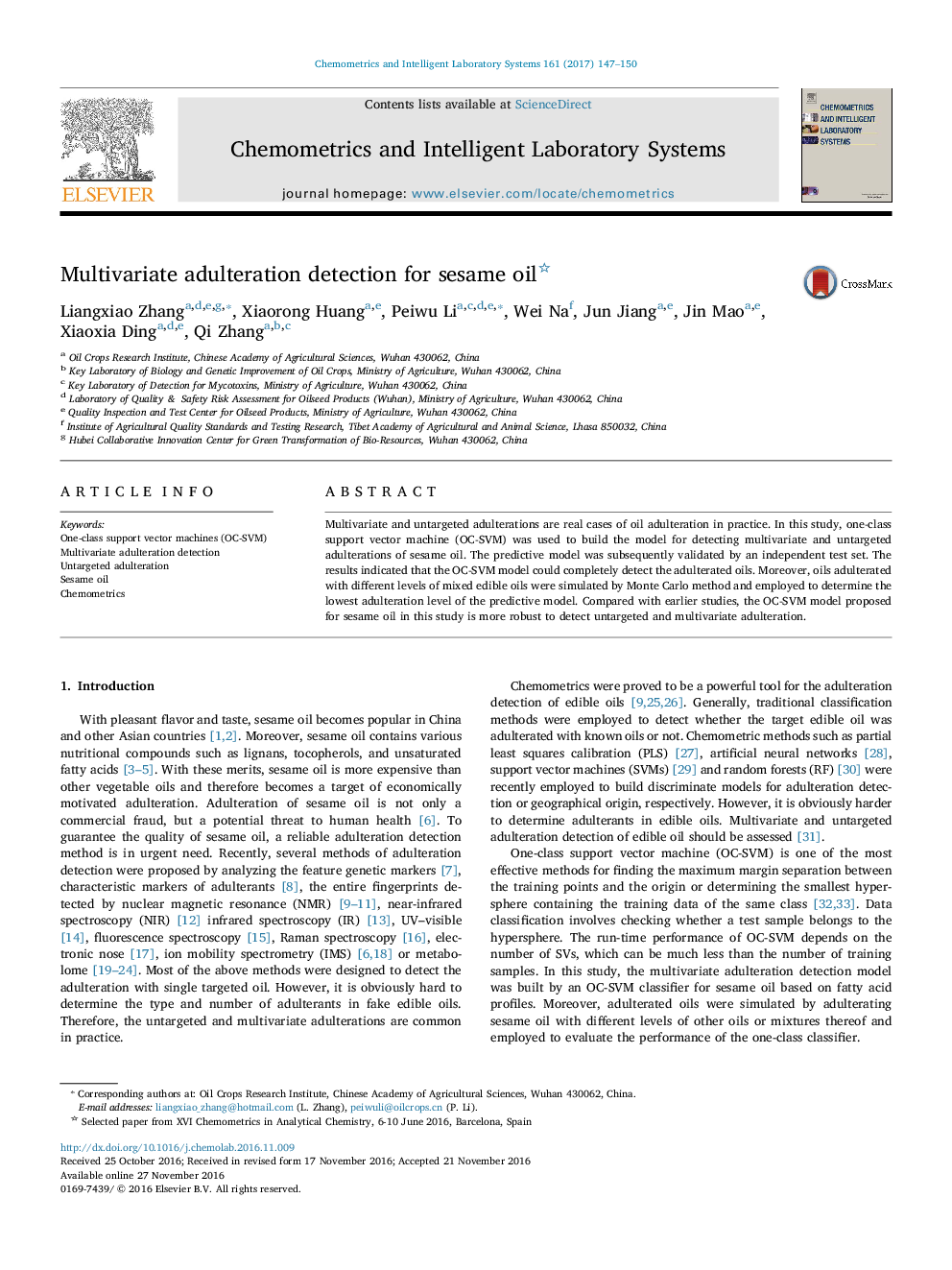 Multivariate adulteration detection for sesame oil