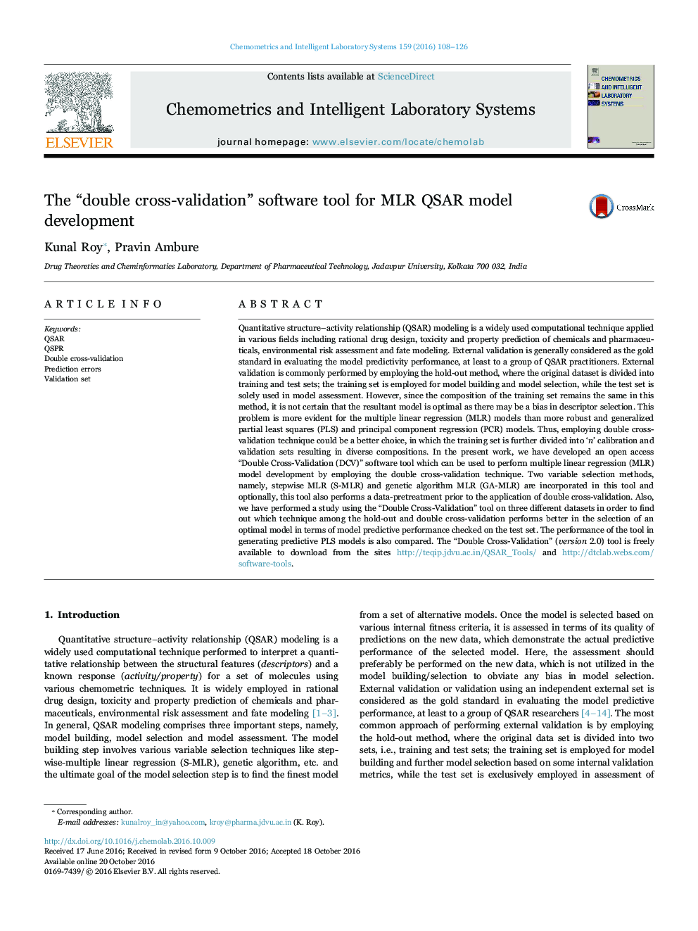 The “double cross-validation” software tool for MLR QSAR model development