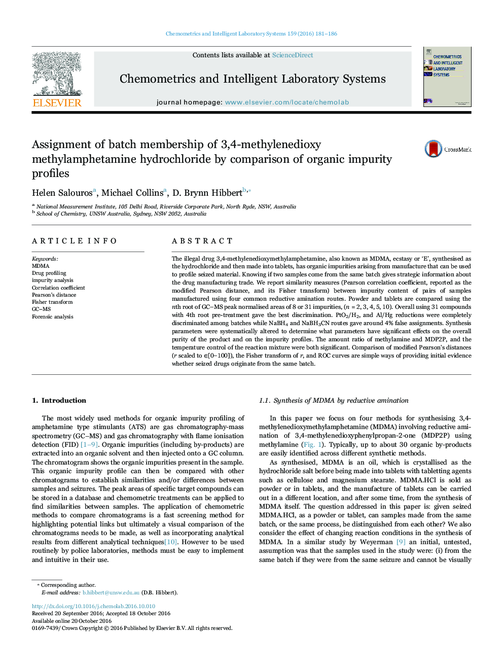 Assignment of batch membership of 3,4-methylenedioxy methylamphetamine hydrochloride by comparison of organic impurity profiles