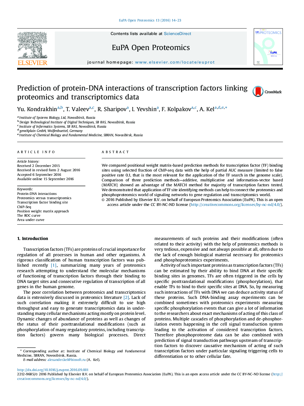 Prediction of protein-DNA interactions of transcription factors linking proteomics and transcriptomics data