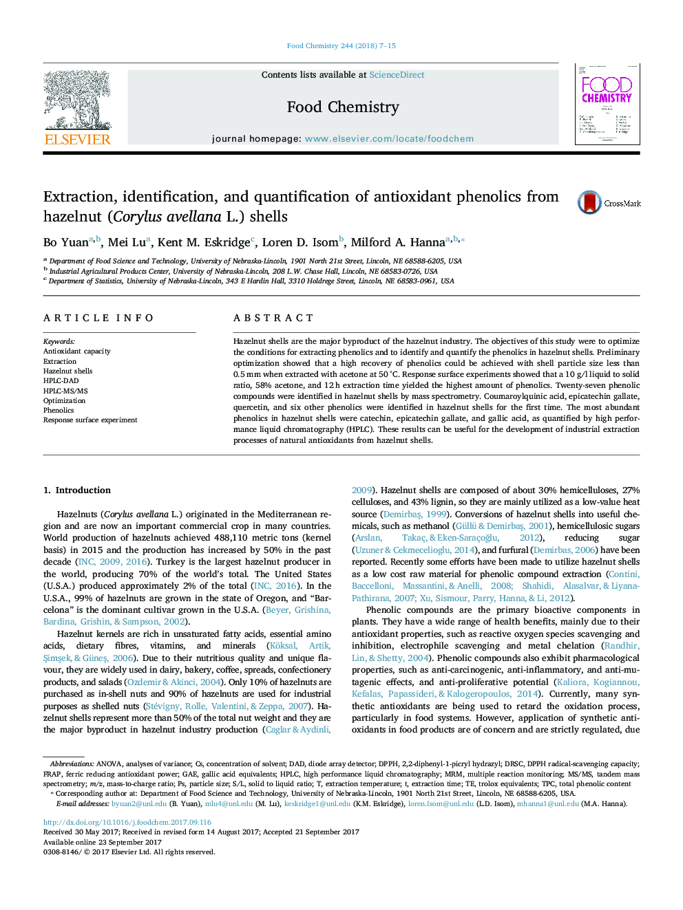 Extraction, identification, and quantification of antioxidant phenolics from hazelnut (Corylus avellana L.) shells