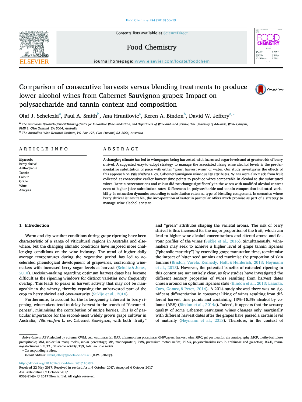 Comparison of consecutive harvests versus blending treatments to produce lower alcohol wines from Cabernet Sauvignon grapes: Impact on polysaccharide and tannin content and composition