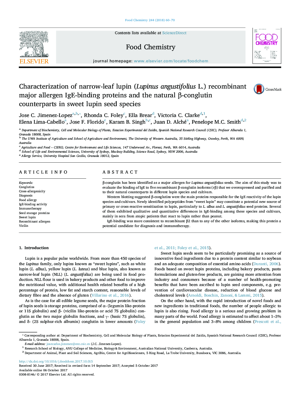 Characterization of narrow-leaf lupin (Lupinus angustifolius L.) recombinant major allergen IgE-binding proteins and the natural Î²-conglutin counterparts in sweet lupin seed species