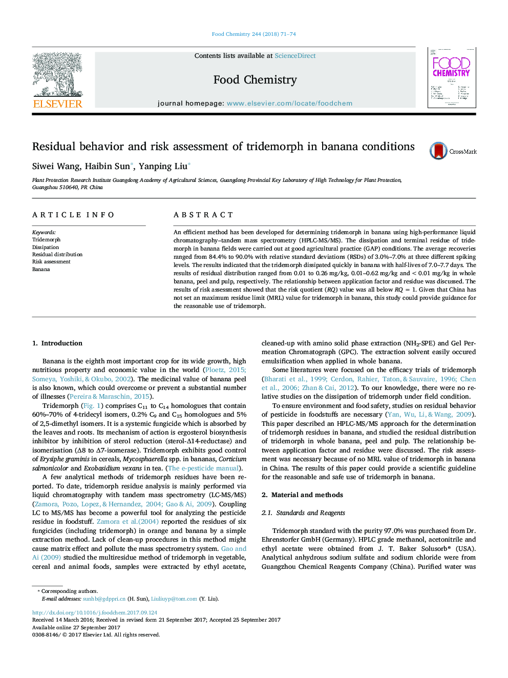 Residual behavior and risk assessment of tridemorph in banana conditions