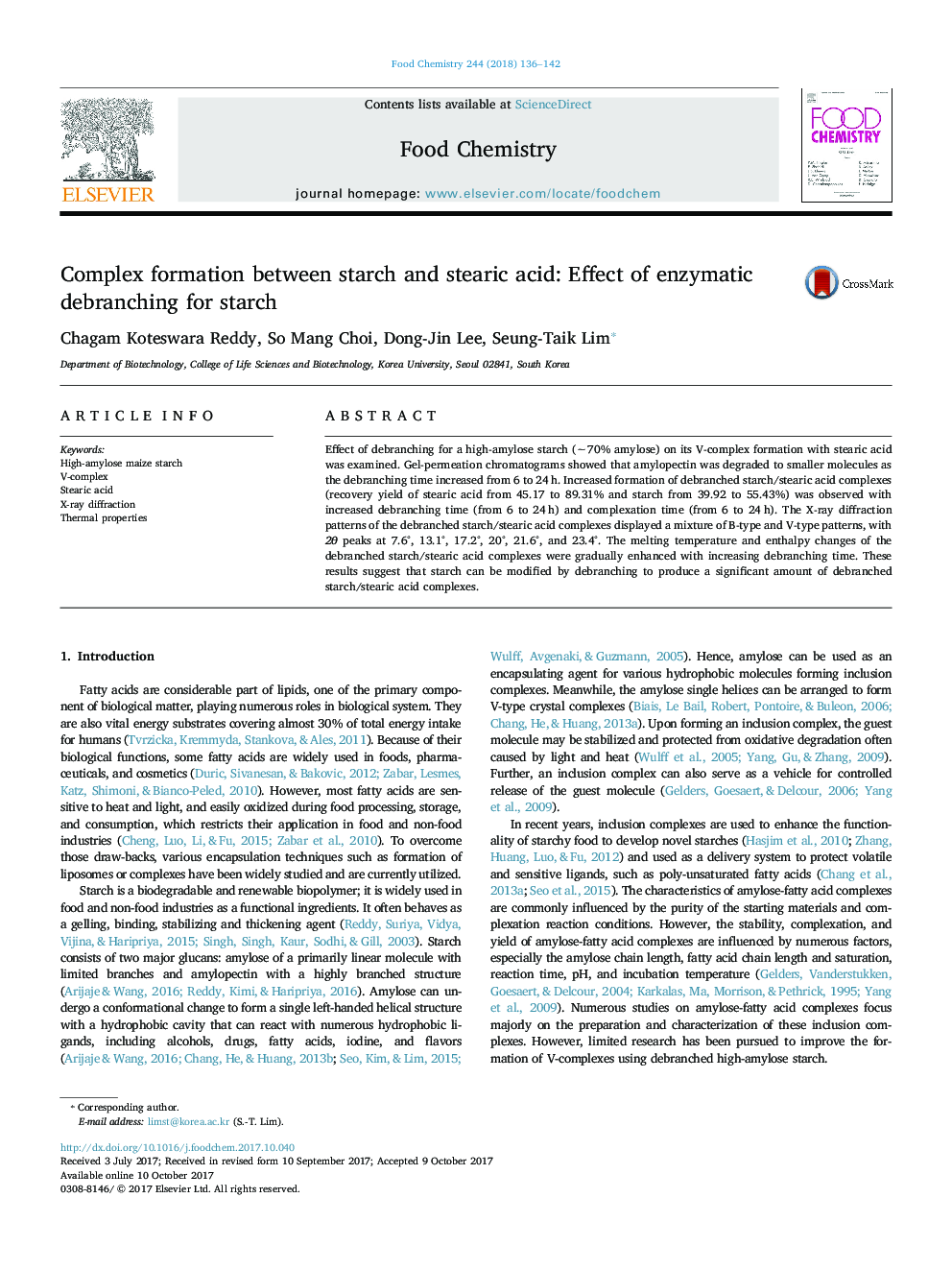 Complex formation between starch and stearic acid: Effect of enzymatic debranching for starch