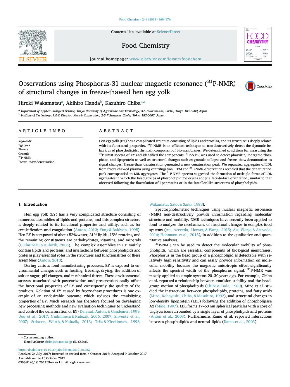 Observations using Phosphorus-31 nuclear magnetic resonance (31P-NMR) of structural changes in freeze-thawed hen egg yolk