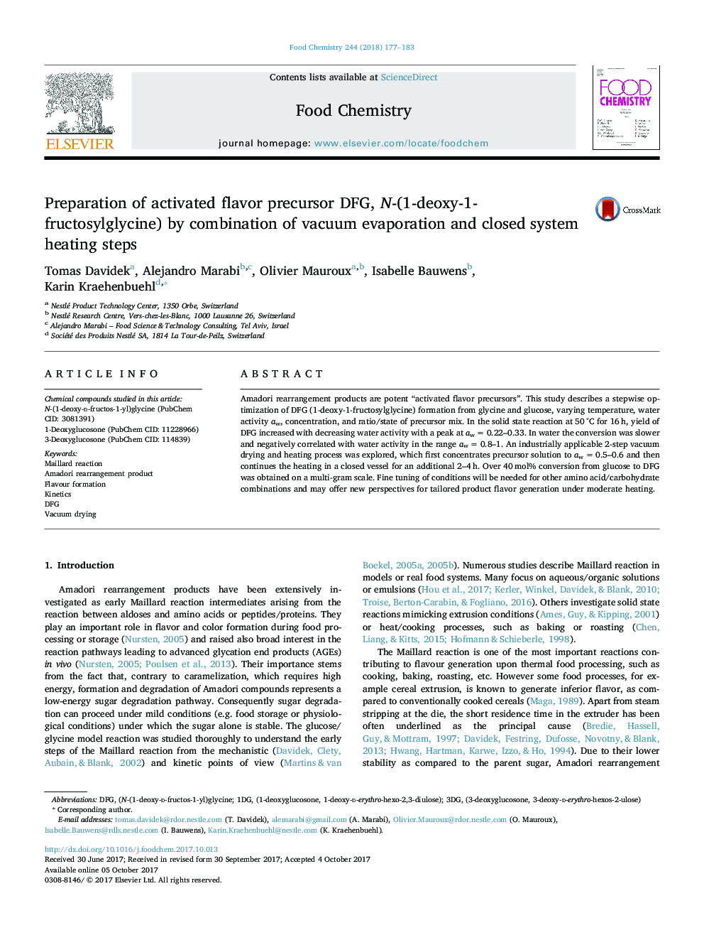 Preparation of activated flavor precursor DFG, N-(1-deoxy-1-fructosylglycine) by combination of vacuum evaporation and closed system heating steps