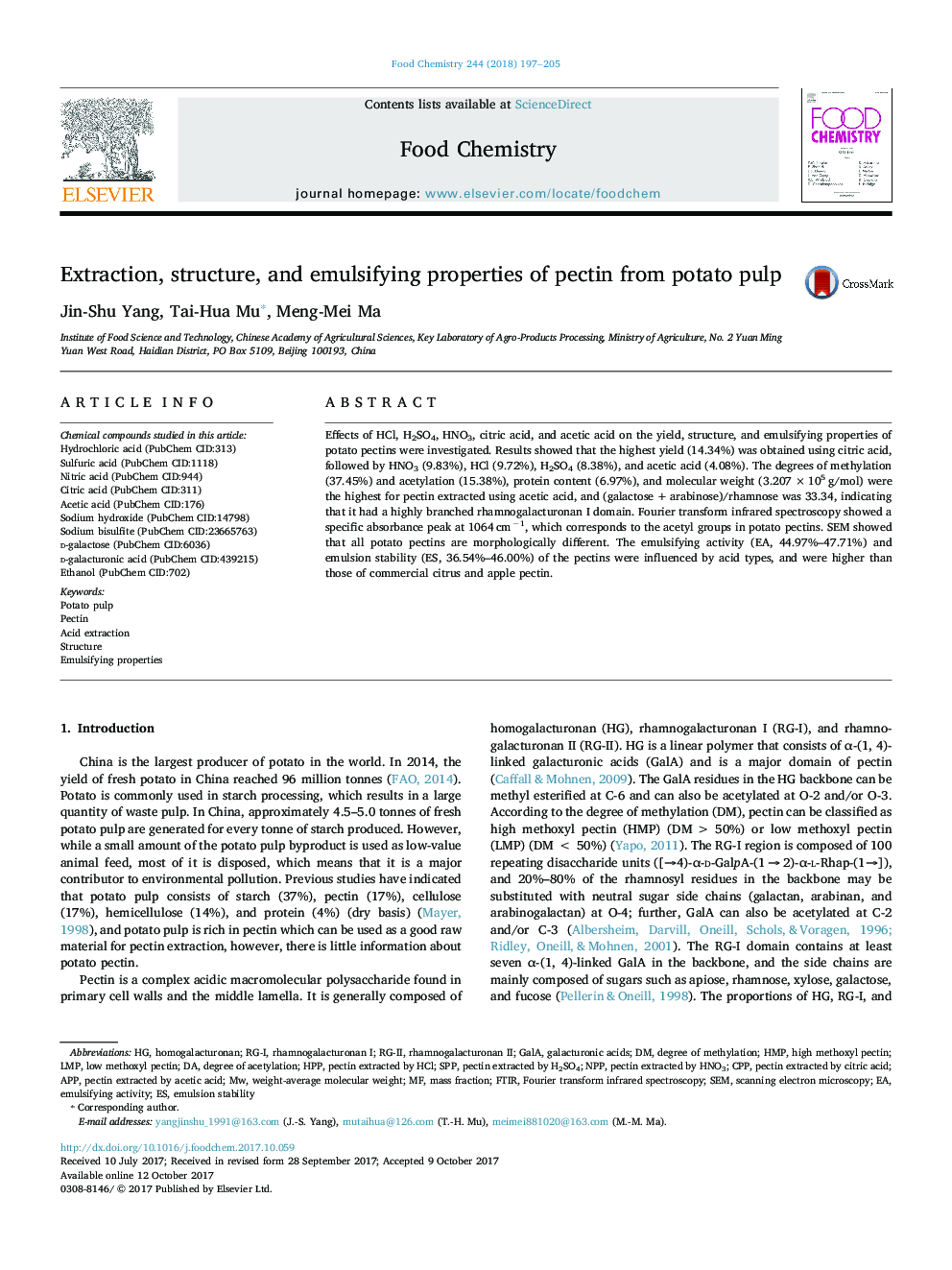 Extraction, structure, and emulsifying properties of pectin from potato pulp