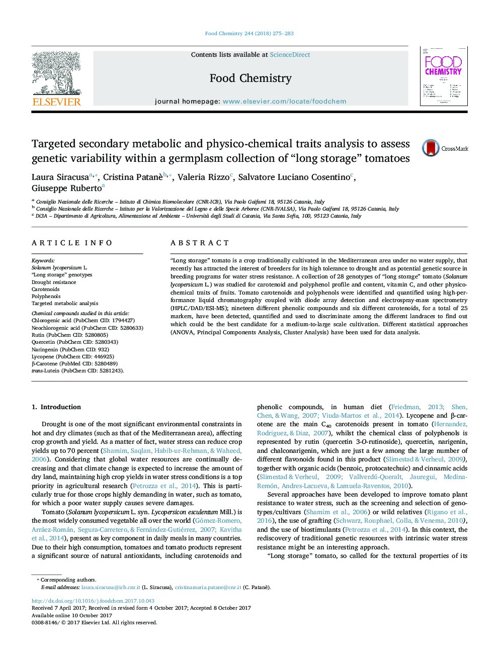 Targeted secondary metabolic and physico-chemical traits analysis to assess genetic variability within a germplasm collection of “long storage” tomatoes