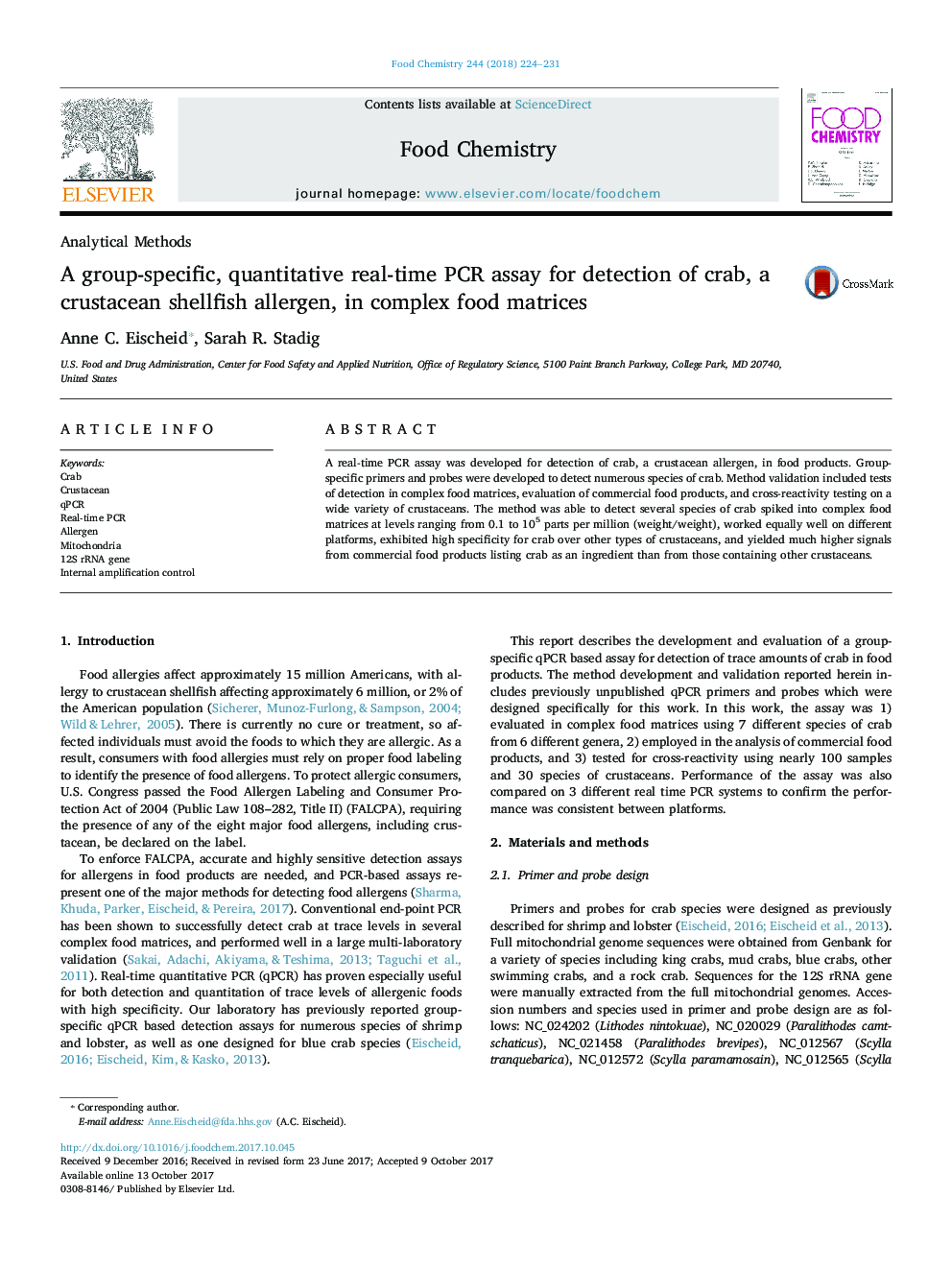 A group-specific, quantitative real-time PCR assay for detection of crab, a crustacean shellfish allergen, in complex food matrices