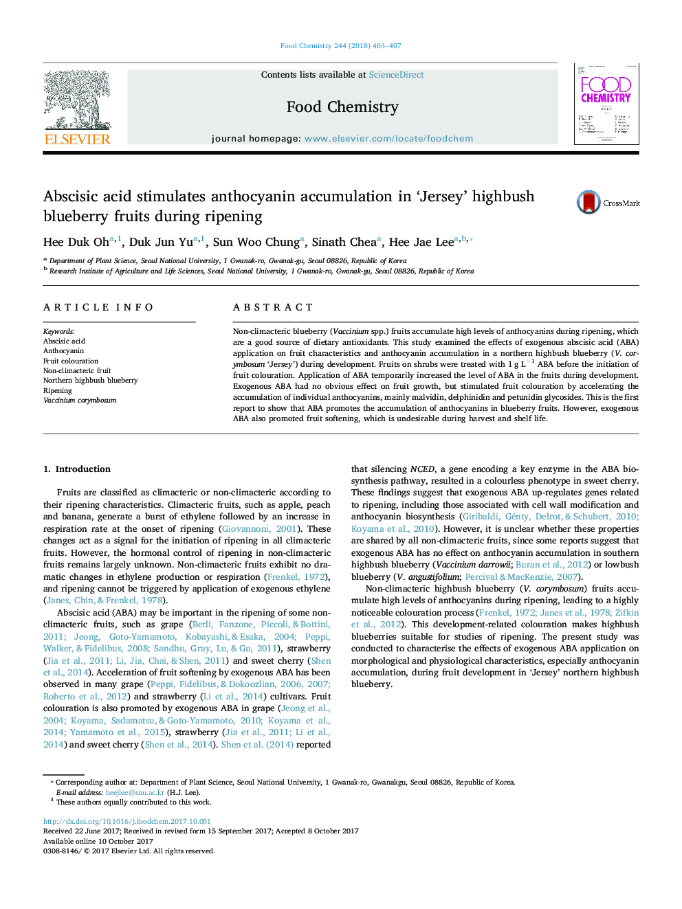 Abscisic acid stimulates anthocyanin accumulation in 'Jersey' highbush blueberry fruits during ripening