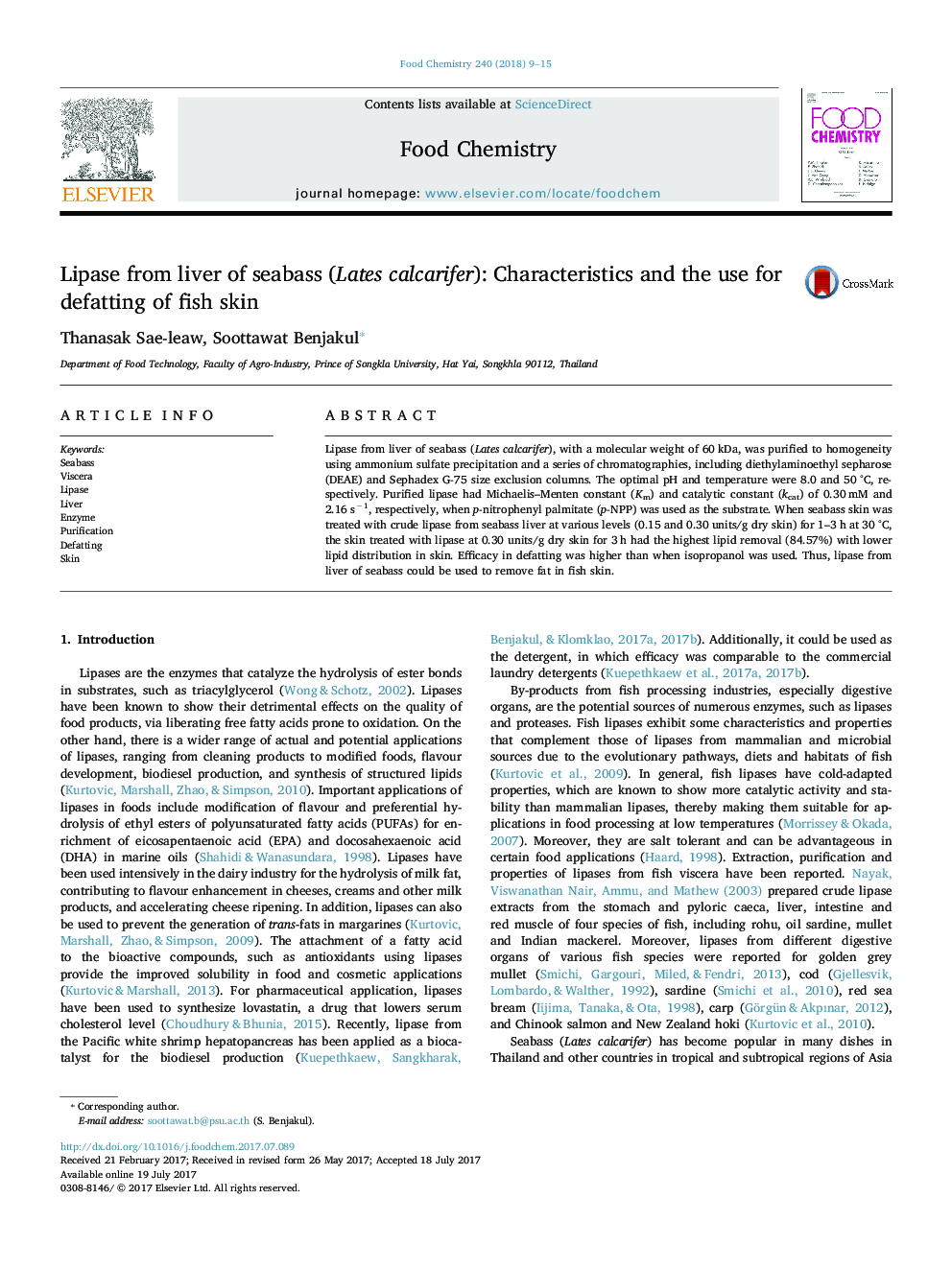 Lipase from liver of seabass (Lates calcarifer): Characteristics and the use for defatting of fish skin