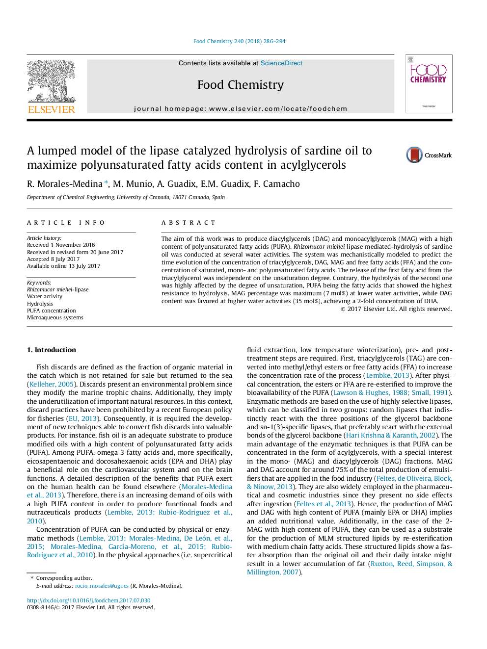 A lumped model of the lipase catalyzed hydrolysis of sardine oil to maximize polyunsaturated fatty acids content in acylglycerols