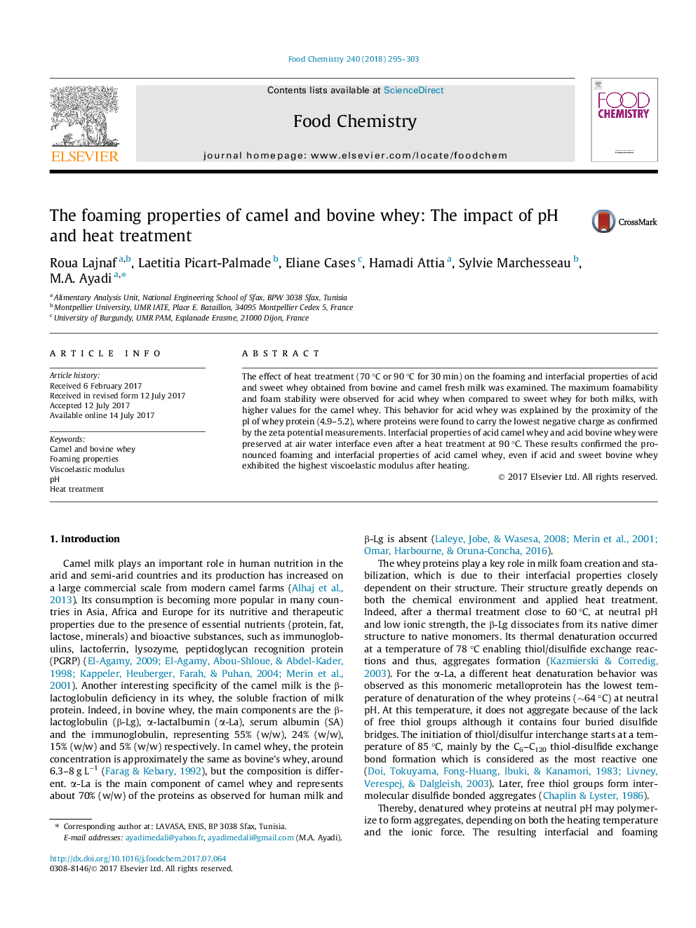 The foaming properties of camel and bovine whey: The impact of pH and heat treatment