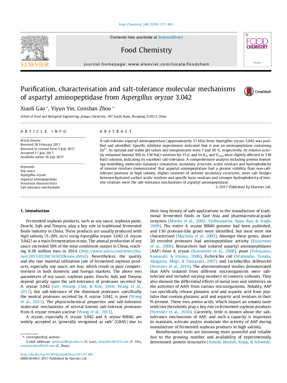 Purification, characterisation and salt-tolerance molecular mechanisms of aspartyl aminopeptidase from Aspergillus oryzae 3.042