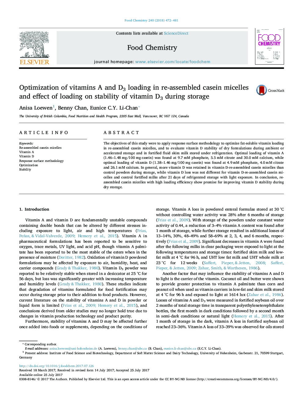 Optimization of vitamins A and D3 loading in re-assembled casein micelles and effect of loading on stability of vitamin D3 during storage