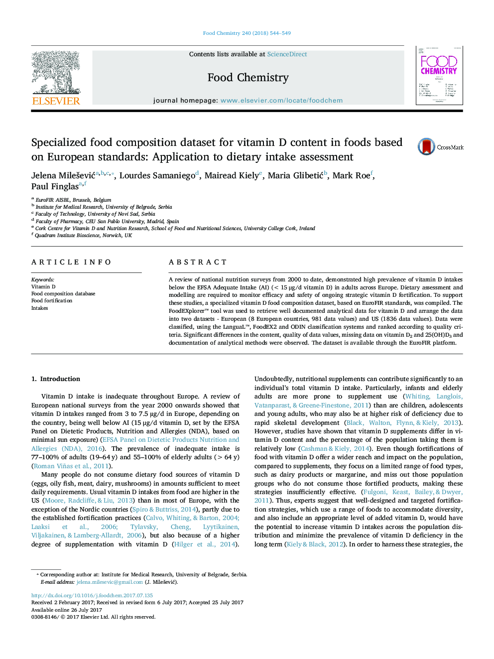 Specialized food composition dataset for vitamin D content in foods based on European standards: Application to dietary intake assessment