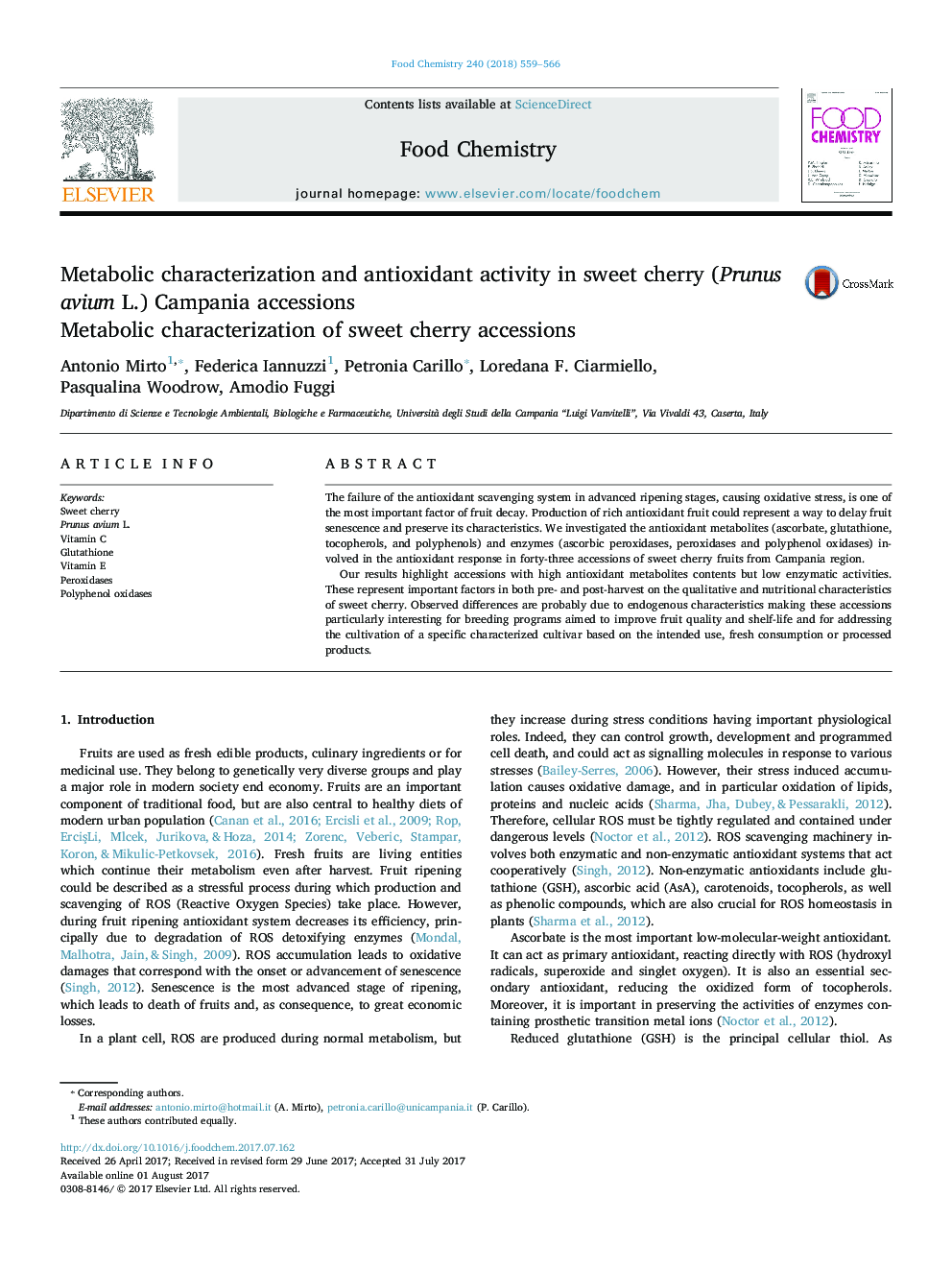 Metabolic characterization and antioxidant activity in sweet cherry (Prunus avium L.) Campania accessions: Metabolic characterization of sweet cherry accessions