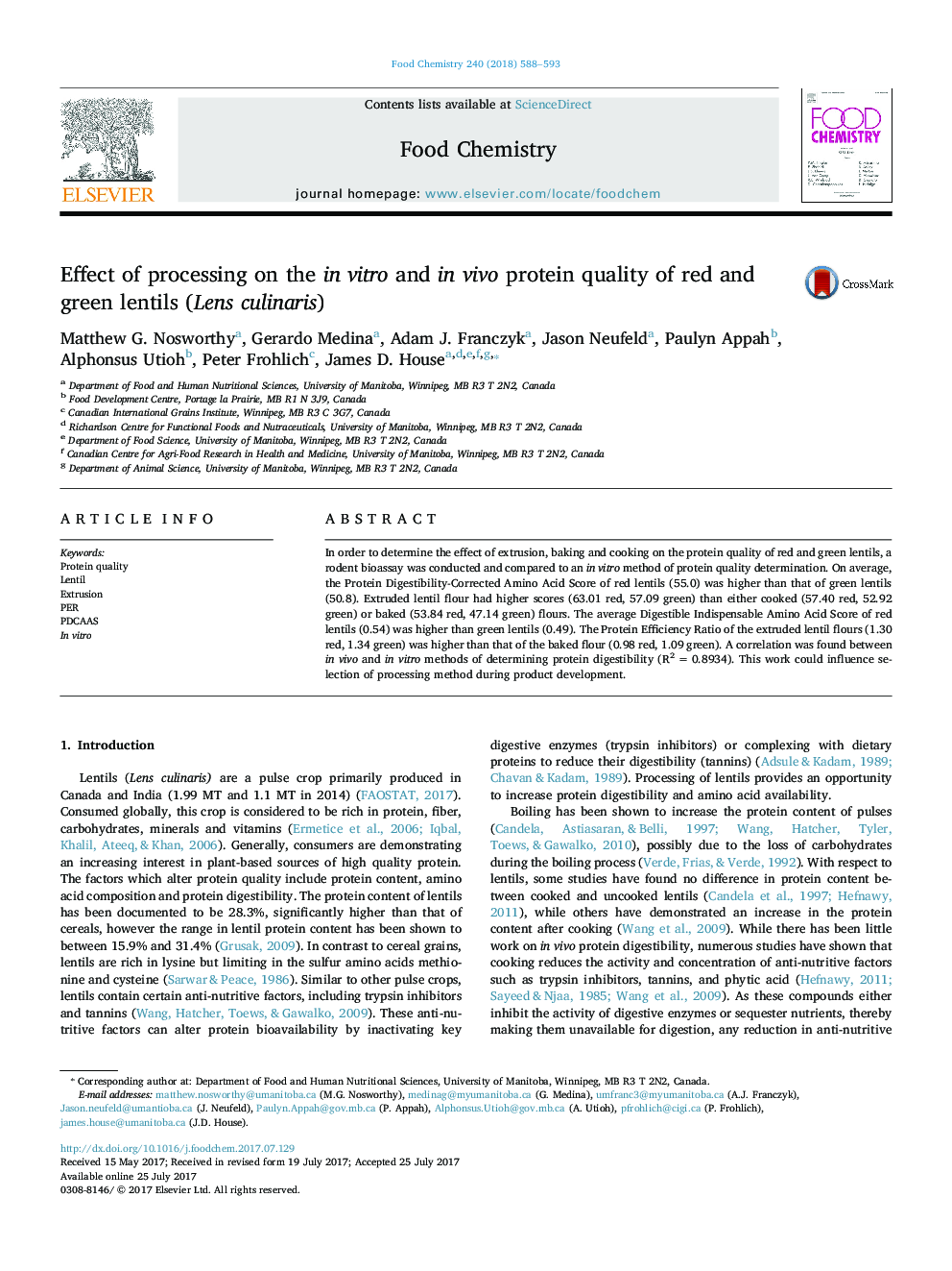 Effect of processing on the in vitro and in vivo protein quality of red and green lentils (Lens culinaris)