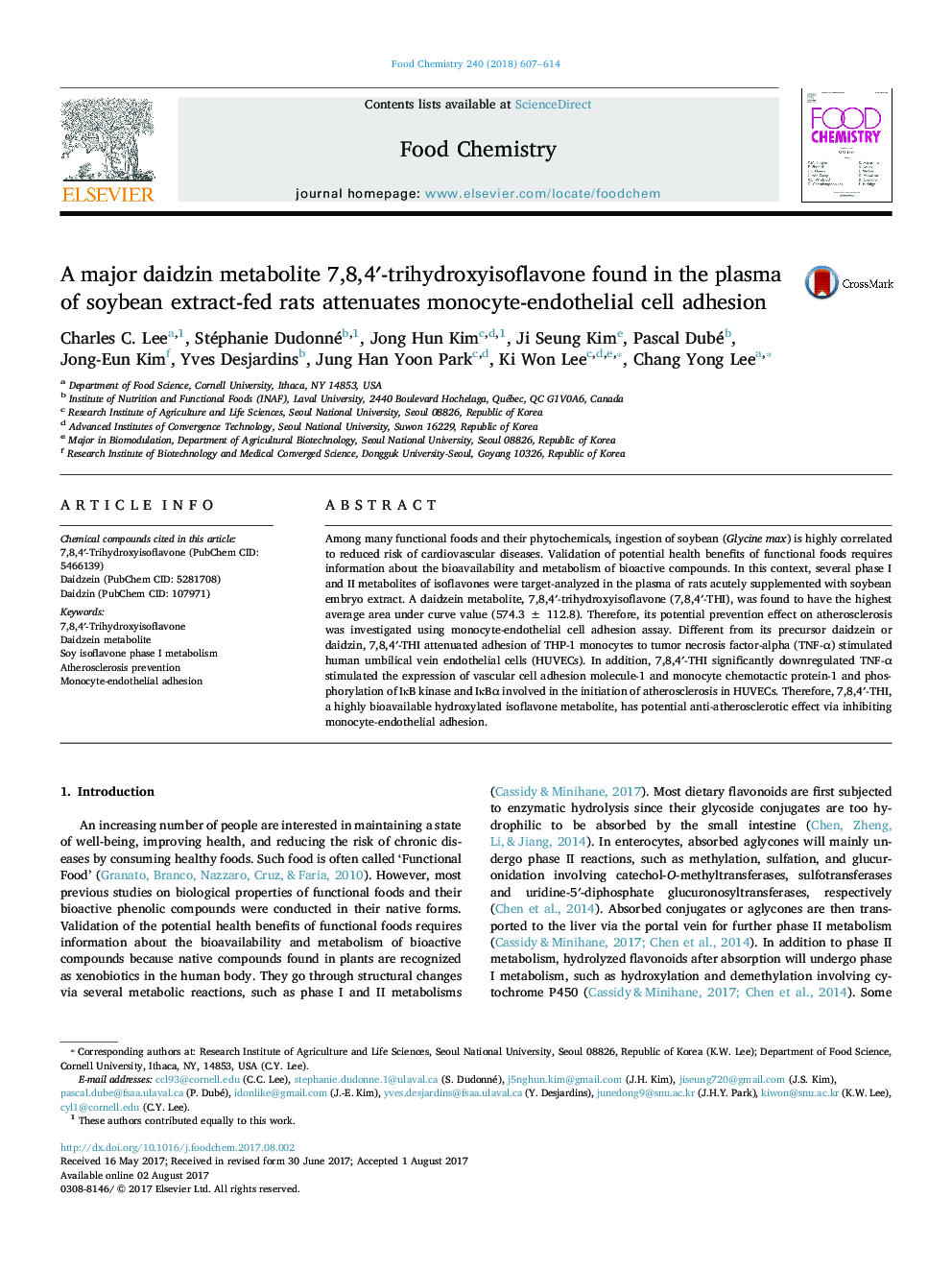 A major daidzin metabolite 7,8,4â²-trihydroxyisoflavone found in the plasma of soybean extract-fed rats attenuates monocyte-endothelial cell adhesion