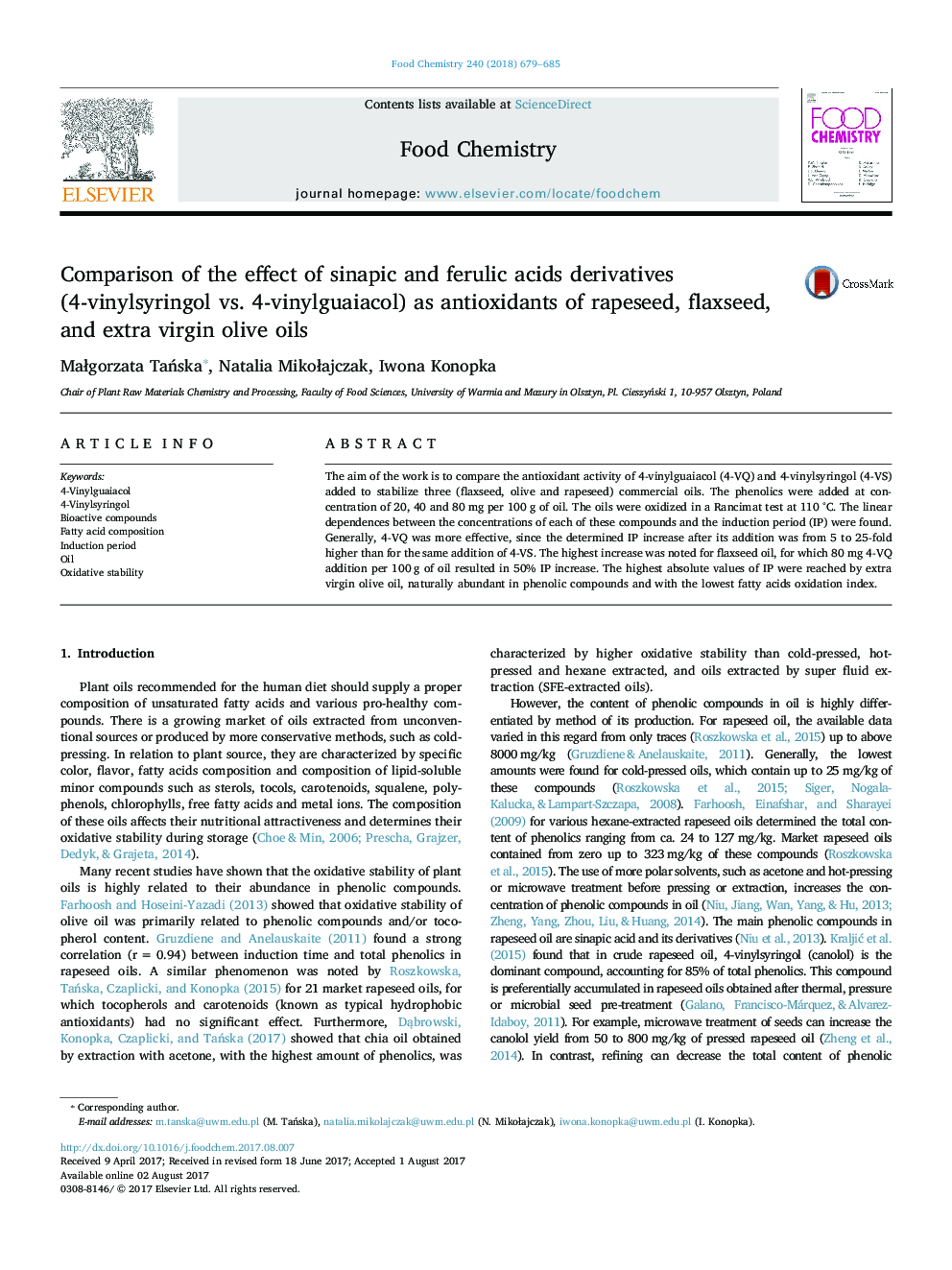 Comparison of the effect of sinapic and ferulic acids derivatives (4-vinylsyringol vs. 4-vinylguaiacol) as antioxidants of rapeseed, flaxseed, and extra virgin olive oils