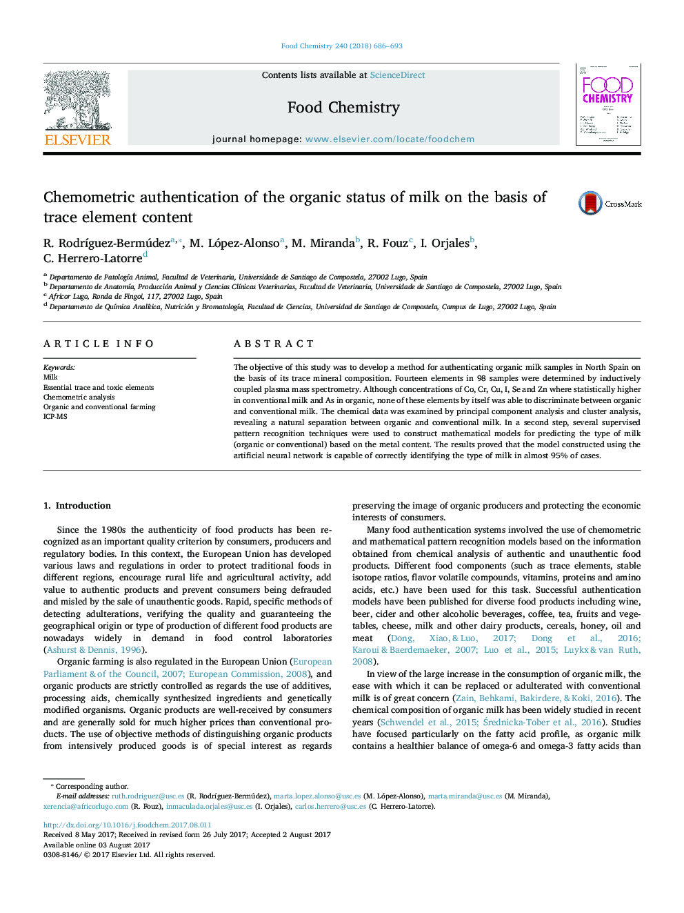 Chemometric authentication of the organic status of milk on the basis of trace element content