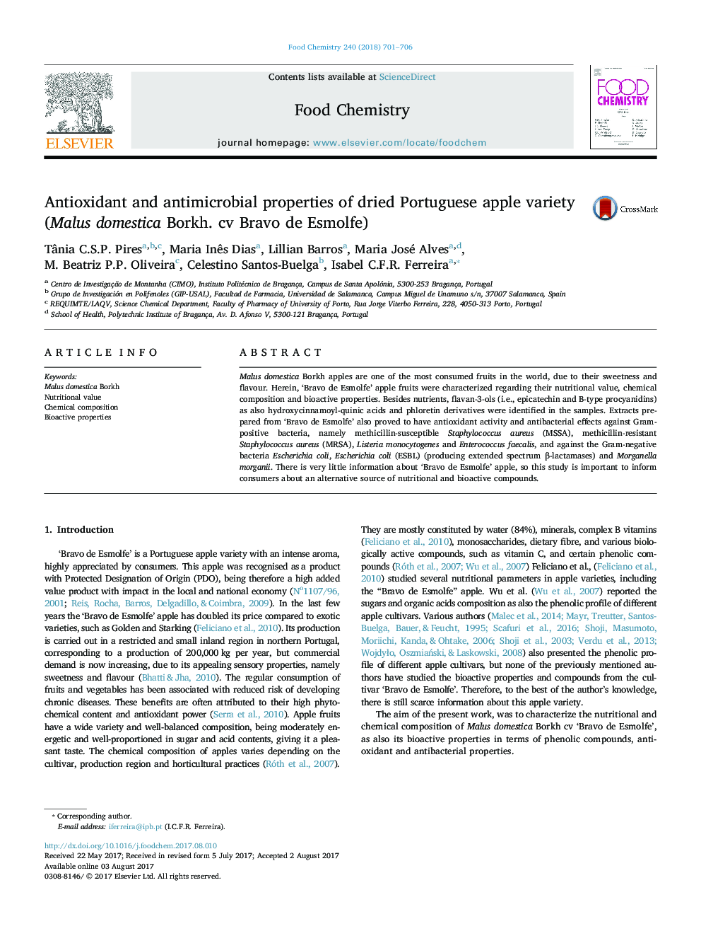 Antioxidant and antimicrobial properties of dried Portuguese apple variety (Malus domestica Borkh. cv Bravo de Esmolfe)