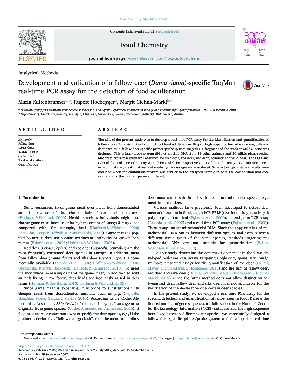 Development and validation of a fallow deer (Dama dama)-specific TaqMan real-time PCR assay for the detection of food adulteration