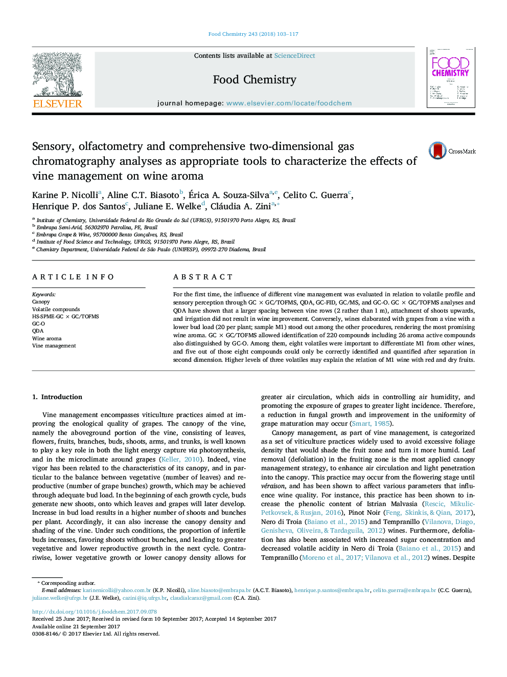 Sensory, olfactometry and comprehensive two-dimensional gas chromatography analyses as appropriate tools to characterize the effects of vine management on wine aroma