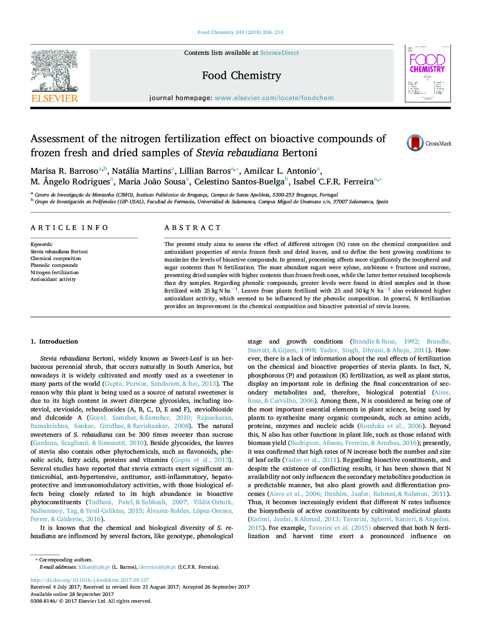 Assessment of the nitrogen fertilization effect on bioactive compounds of frozen fresh and dried samples of Stevia rebaudiana Bertoni