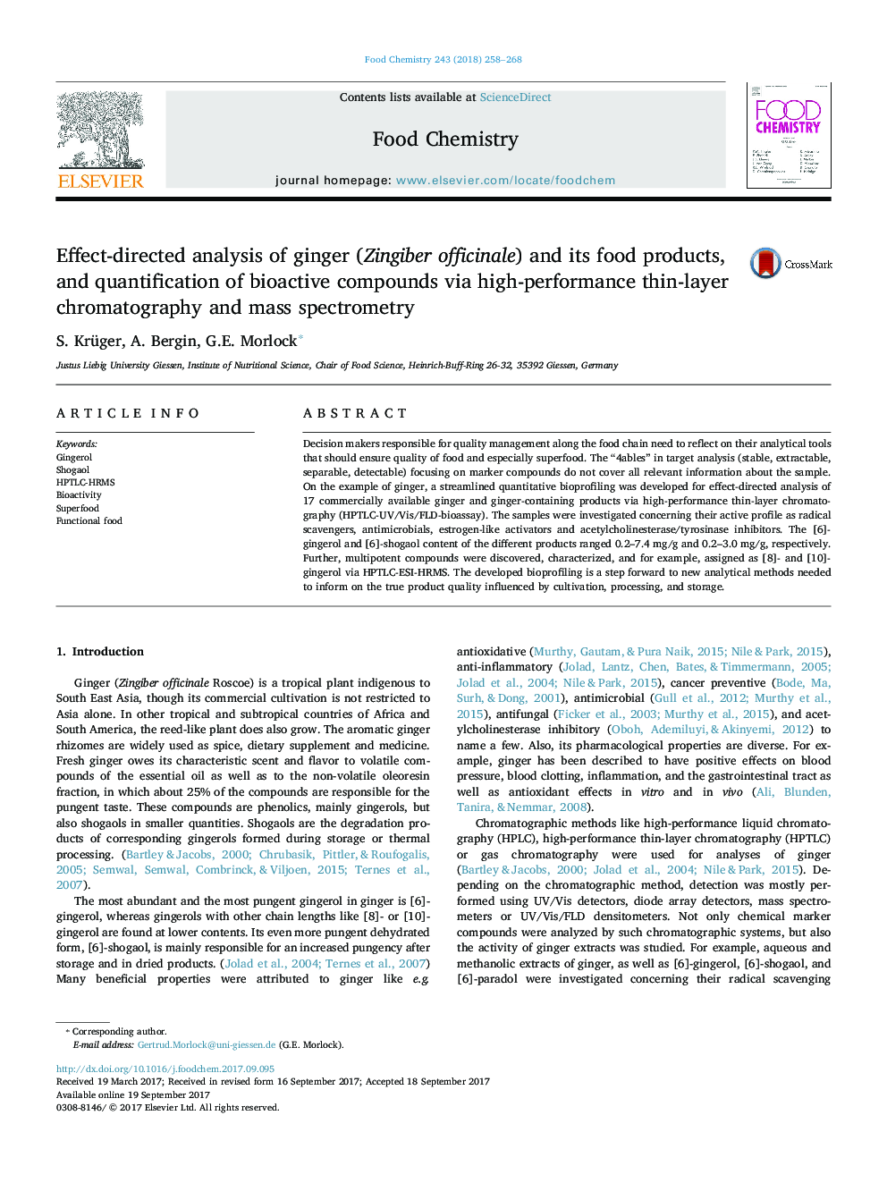 Effect-directed analysis of ginger (Zingiber officinale) and its food products, and quantification of bioactive compounds via high-performance thin-layer chromatography and mass spectrometry