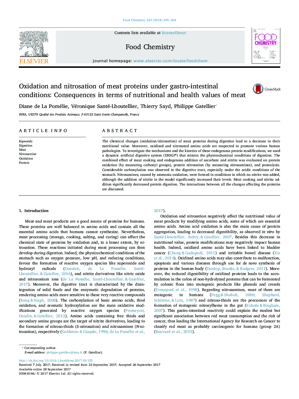 Oxidation and nitrosation of meat proteins under gastro-intestinal conditions: Consequences in terms of nutritional and health values of meat