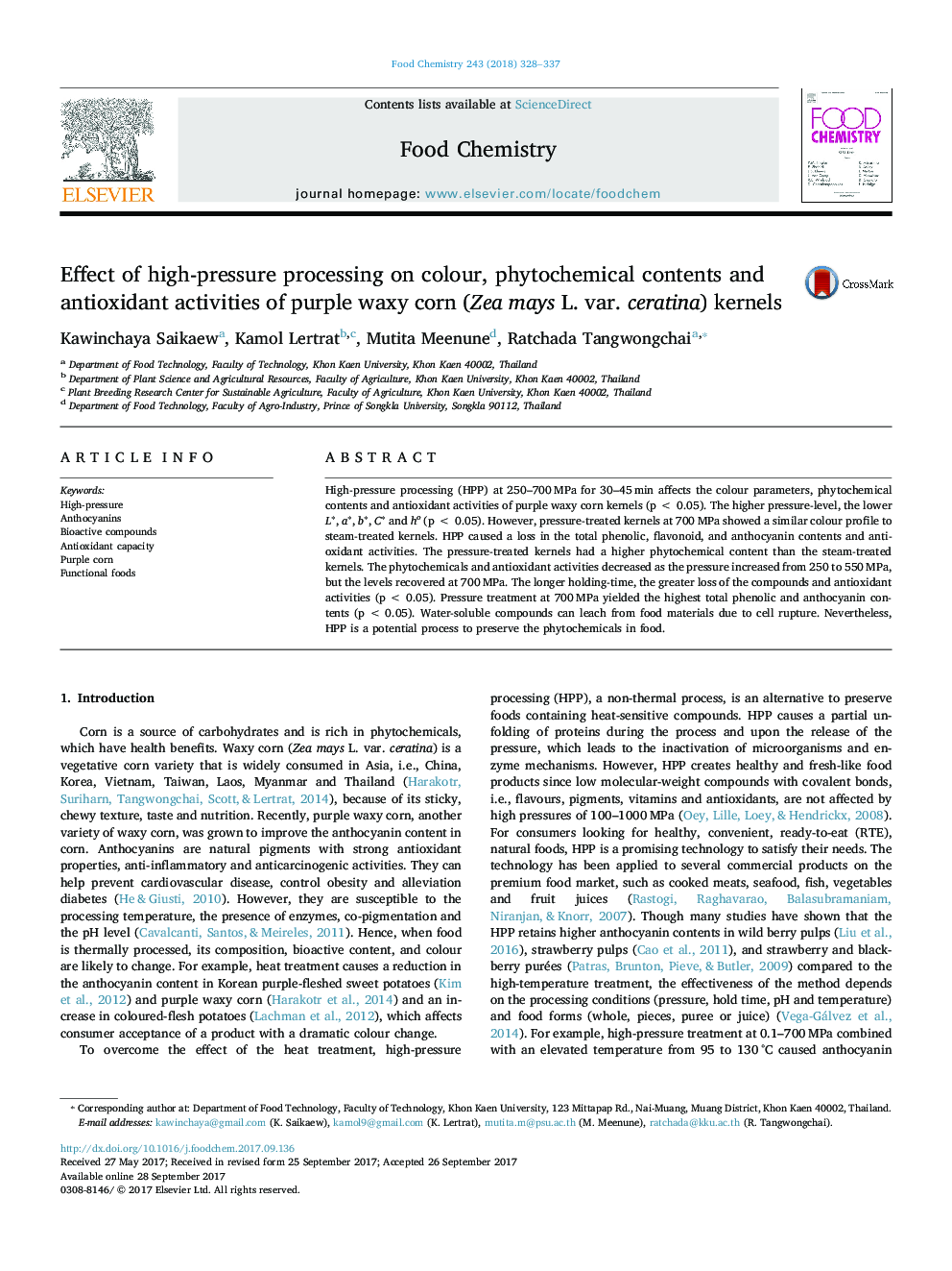 Effect of high-pressure processing on colour, phytochemical contents and antioxidant activities of purple waxy corn (Zea mays L. var. ceratina) kernels