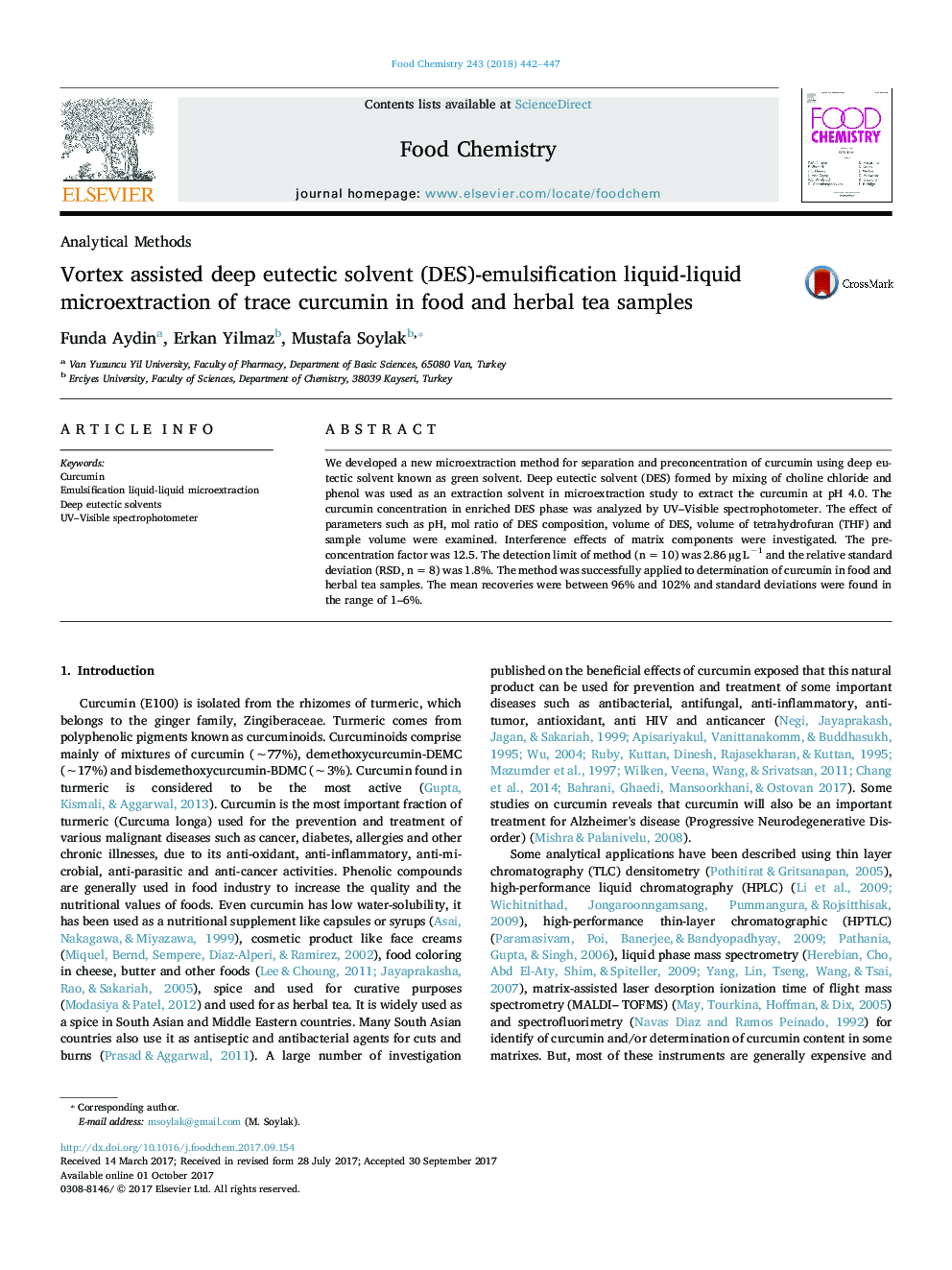 Vortex assisted deep eutectic solvent (DES)-emulsification liquid-liquid microextraction of trace curcumin in food and herbal tea samples