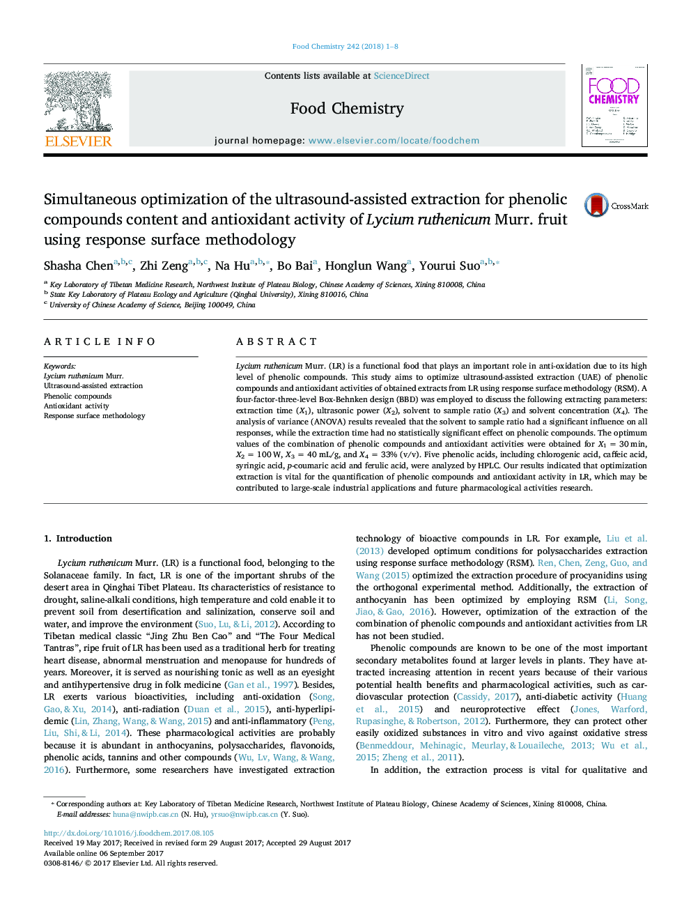 Simultaneous optimization of the ultrasound-assisted extraction for phenolic compounds content and antioxidant activity of Lycium ruthenicum Murr. fruit using response surface methodology